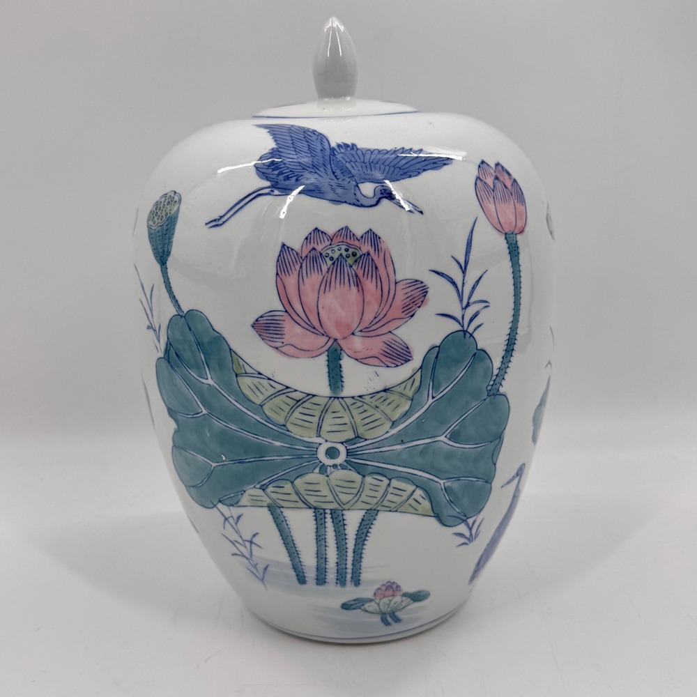 Vintage Chinese Lotus & Crane Ginger Jar Lidded Porcelain Famille Verte Style